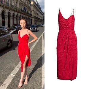 Monique Lhuillier Dress Foulard Asymmetric Floral Lace Midi Lipstick 4 NWT